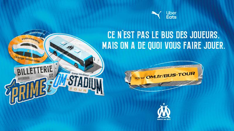 Bus en total covering pour publicité club de foot à Marseille et en France : L'OM Bus Tour